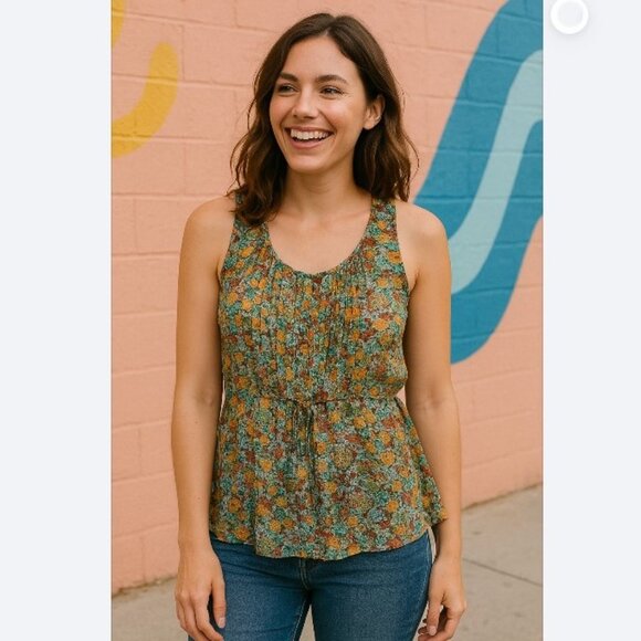 American Rag Floral Pleated Sleeveless Blouse – Size Large - Picture 1 of 8